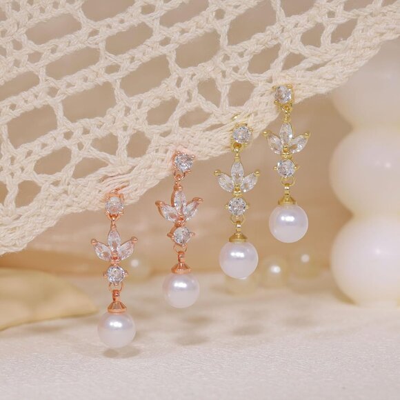 14k Gold Pearl Drop Dangle Earrings for Women, Bridal, Prom & Formal Jewelry - Picture 6 of 6